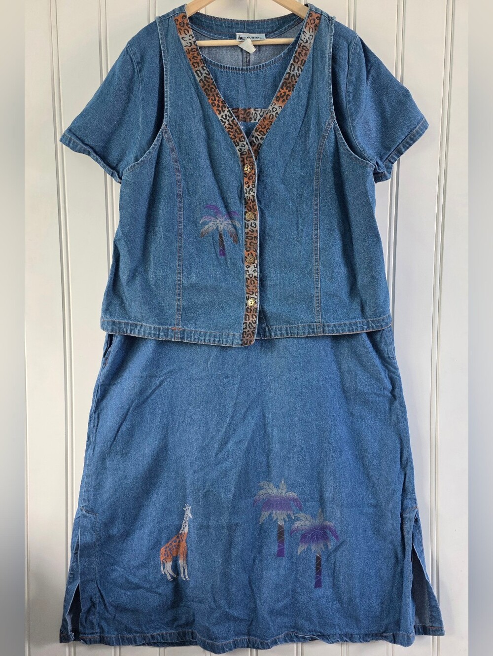 Vintage Rama Of USA 2 Piece Cotton Safari Animal Denim Vest Maxi Dress Blue XXL - Picture 1 of 9